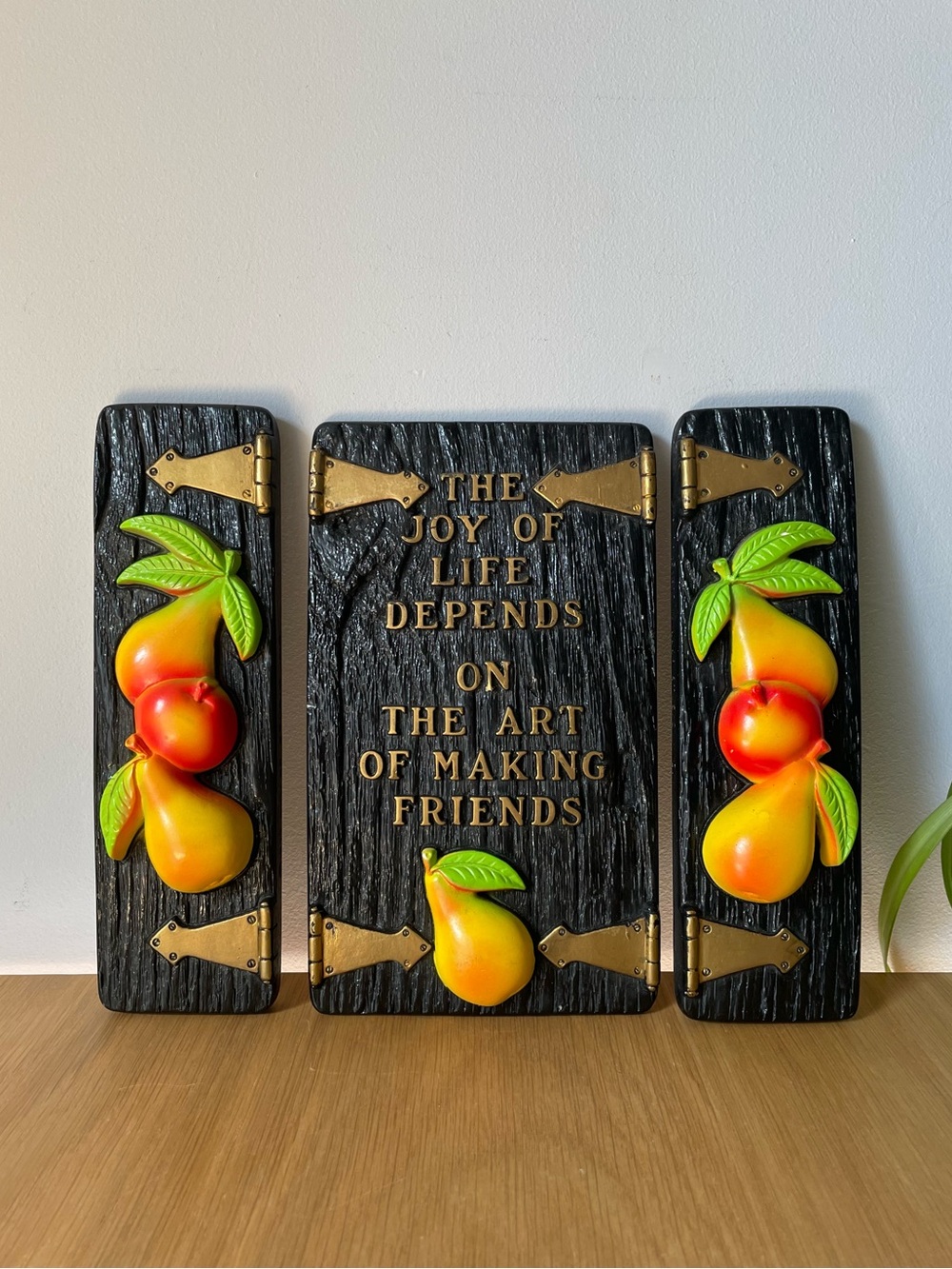 Vintage 1970s Miller Studio Chalkware Wall Plaque Trio Friendship Quote Pears